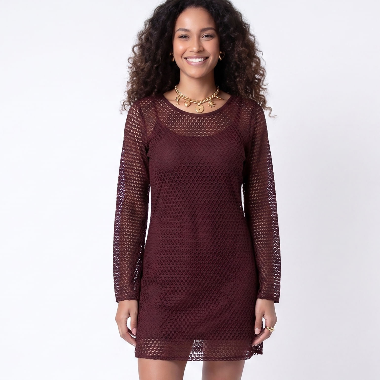 VESTIDO ML REND MARR Marrom
