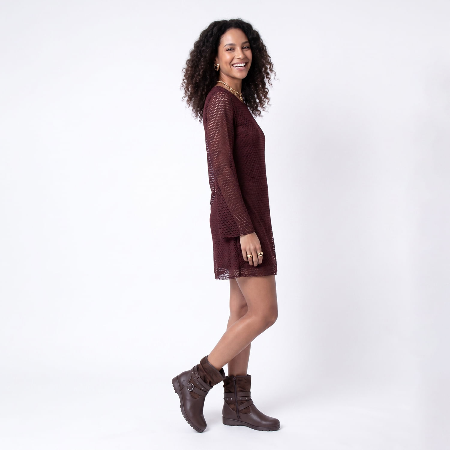 VESTIDO ML REND MARR Marrom